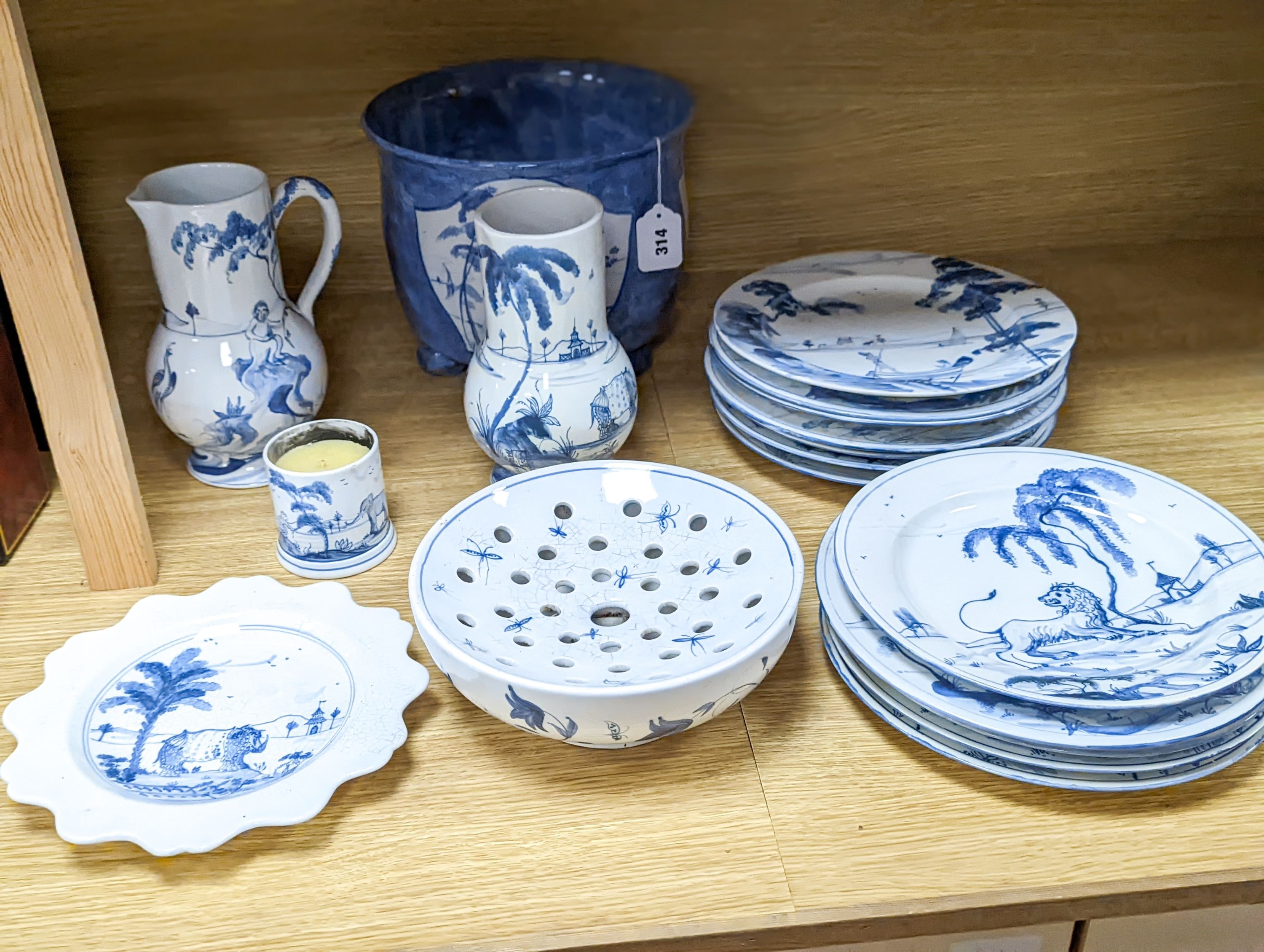 Isis pottery for Colefax and Fowler, a group of blue and white ceramics decorated in imitation of Bristol delftwares
